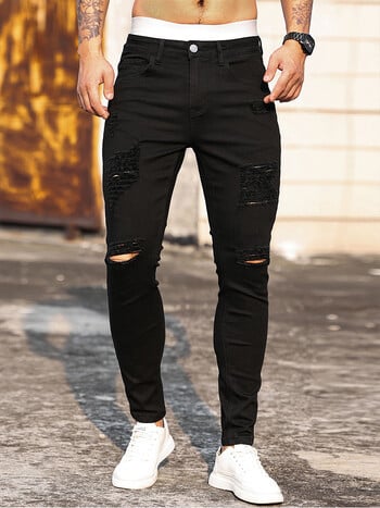 Μόδα Ανδρικά Street Ripped Jeans Pure Black Stretch στενό Small Foot Pencil Pants Boyfriend Club Clothing Denim Ropa Hombre