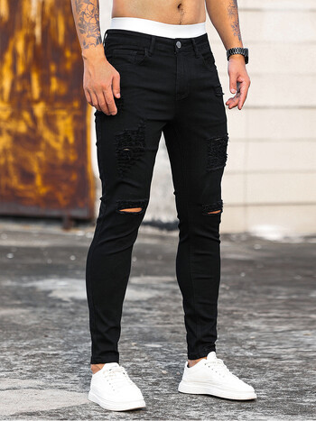 Μόδα Ανδρικά Street Ripped Jeans Pure Black Stretch στενό Small Foot Pencil Pants Boyfriend Club Clothing Denim Ropa Hombre