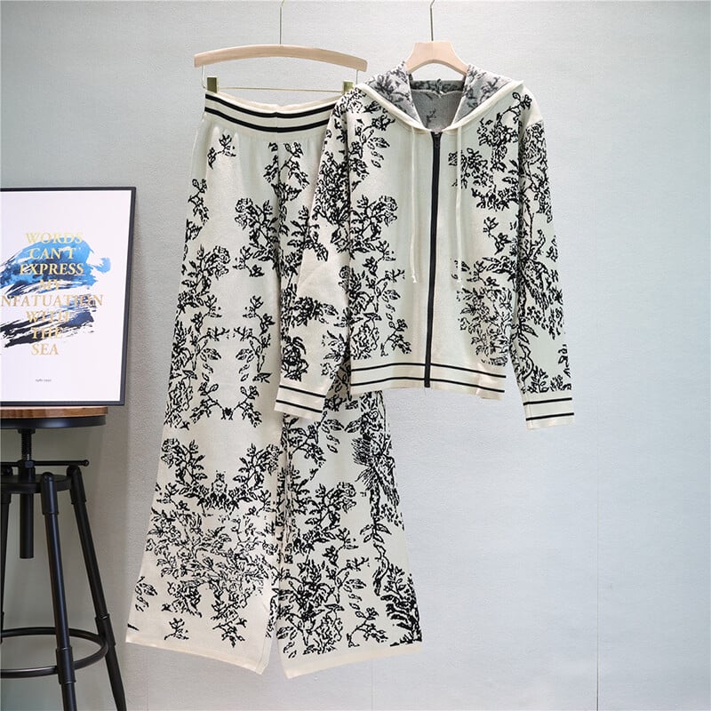 Vintage pletena ženska trenirka s printom Jesen Zima Ležerne jakne s kapuljačom Kaputi Topovi Kompleti hlača visokog struka 2 komada