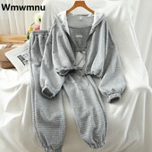 Ikdienas brīvas skriešanas bikses, 3 daļīgs komplekts, pavasara rudens īsi mēteļi ar kapuci, korejiešu sporta bikses, ansamblis sieviešu vintage trajes