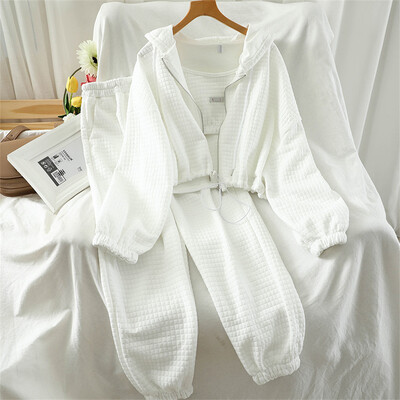 Ikdienas brīvas skriešanas bikses, 3 daļīgs komplekts, pavasara rudens īsi mēteļi ar kapuci, korejiešu sporta bikses, ansamblis sieviešu vintage trajes