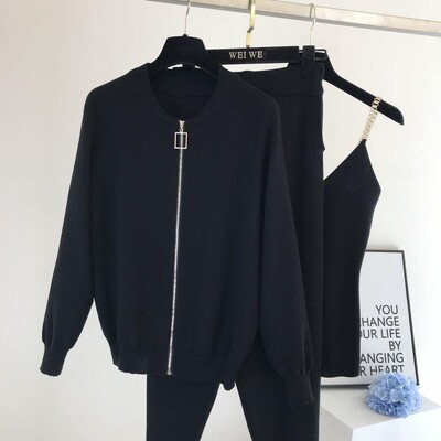 Комплекти от корейски трикотаж с вериги от 2 части Дамски къси тънки спагети + плетен пуловер с пуловер + ежедневен ансамбъл с торбести панталони Malhas Jogger