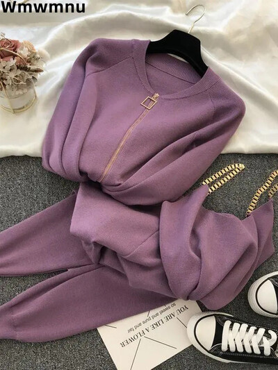 Комплекти от корейски трикотаж с вериги от 2 части Дамски къси тънки спагети + плетен пуловер с пуловер + ежедневен ансамбъл с торбести панталони Malhas Jogger