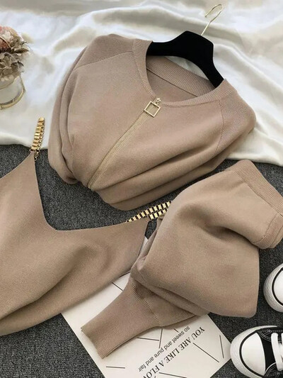 Комплекти от корейски трикотаж с вериги от 2 части Дамски къси тънки спагети + плетен пуловер с пуловер + ежедневен ансамбъл с торбести панталони Malhas Jogger