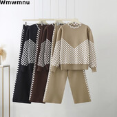 Koreja rudens ziemas trikotāžas sieviešu ansamblis rūtains ikdienas džemperis, mēteļi, topi 2 daļ.