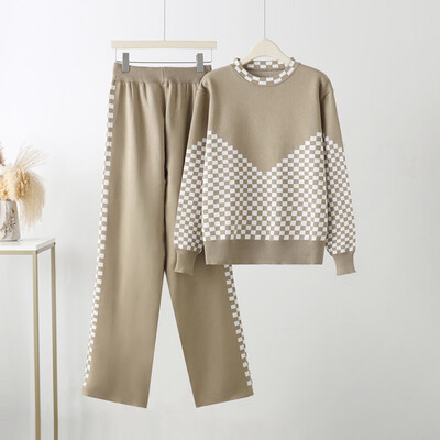 Koreja rudens ziemas trikotāžas sieviešu ansamblis rūtains ikdienas džemperis, mēteļi, topi 2 daļ.