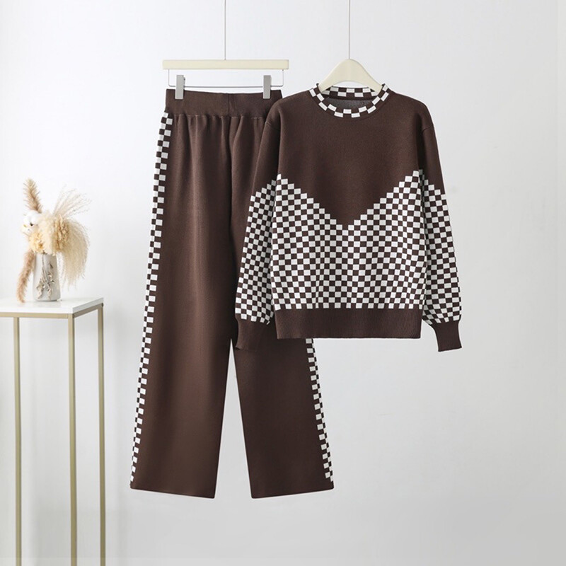 Koreja rudens ziemas trikotāžas sieviešu ansamblis rūtains ikdienas džemperis, mēteļi, topi 2 daļ.