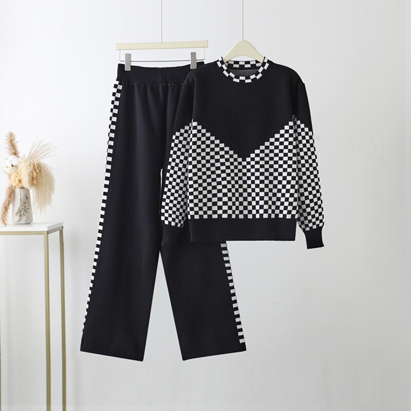 Koreja rudens ziemas trikotāžas sieviešu ansamblis rūtains ikdienas džemperis, mēteļi, topi 2 daļ.