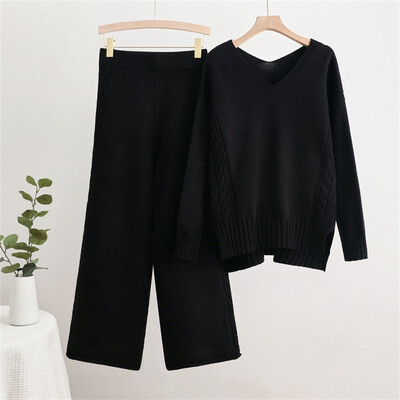 lahtised paksud kootud naised 2-osalised komplektid vabaaja põhilised pehmed v-nreck kampsuntopid ansambel Korea kõrge vöökohaga laia säärega püksid conjunto