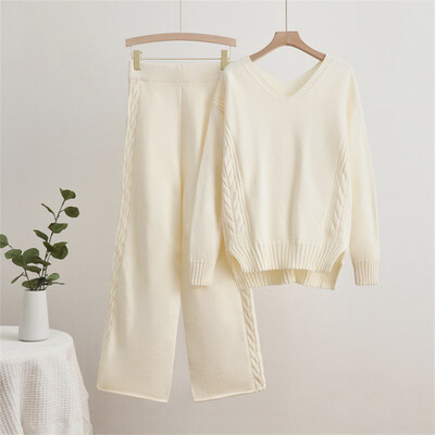 lahtised paksud kootud naised 2-osalised komplektid vabaaja põhilised pehmed v-nreck kampsuntopid ansambel Korea kõrge vöökohaga laia säärega püksid conjunto