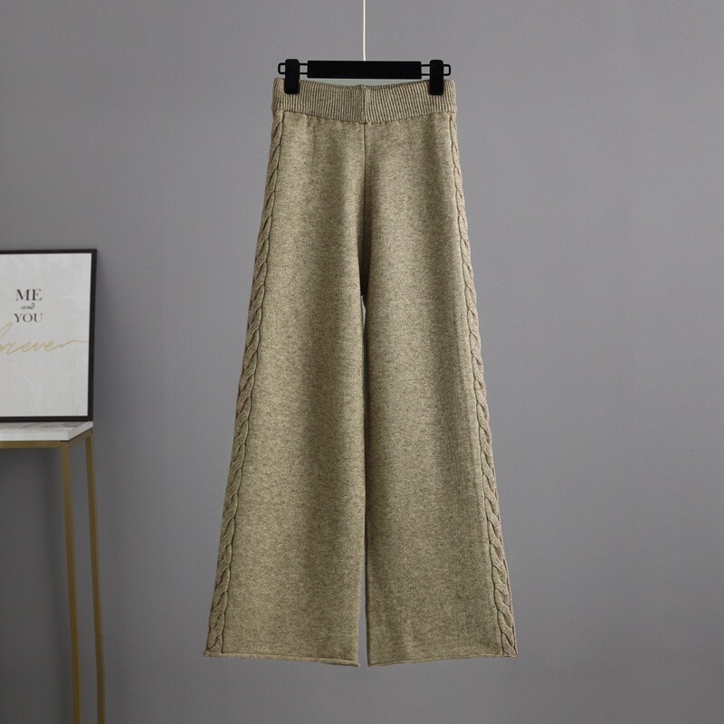 lahtised paksud kootud naised 2-osalised komplektid vabaaja põhilised pehmed v-nreck kampsuntopid ansambel Korea kõrge vöökohaga laia säärega püksid conjunto