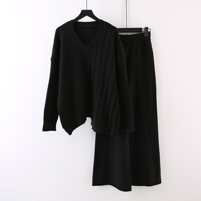 OMCHION korea stiilis avara kootud ülikond V kaelusega ühevärviline vabaaja kampsuni komplekt laia säärega püksid sügistalv retro särk