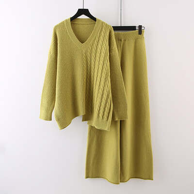 OMCHION korea stiilis avara kootud ülikond V kaelusega ühevärviline vabaaja kampsuni komplekt laia säärega püksid sügistalv retro särk