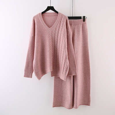 OMCHION korea stiilis avara kootud ülikond V kaelusega ühevärviline vabaaja kampsuni komplekt laia säärega püksid sügistalv retro särk