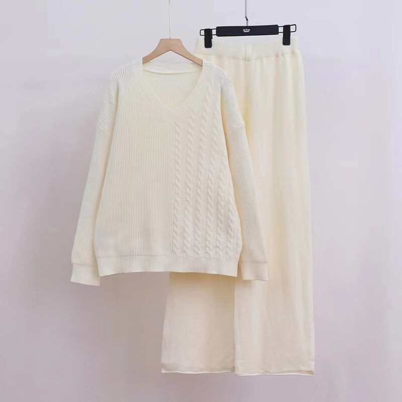 OMCHION korea stiilis avara kootud ülikond V kaelusega ühevärviline vabaaja kampsuni komplekt laia säärega püksid sügistalv retro särk