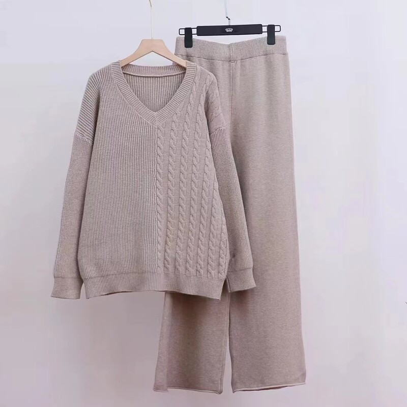 OMCHION korea stiilis avara kootud ülikond V kaelusega ühevärviline vabaaja kampsuni komplekt laia säärega püksid sügistalv retro särk