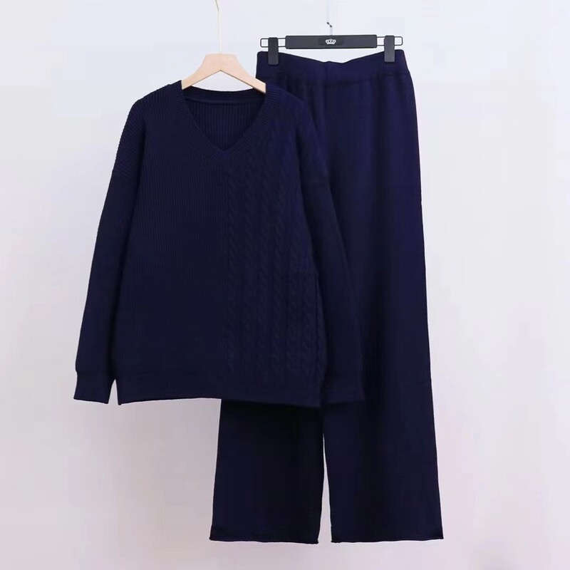 OMCHION korea stiilis avara kootud ülikond V kaelusega ühevärviline vabaaja kampsuni komplekt laia säärega püksid sügistalv retro särk