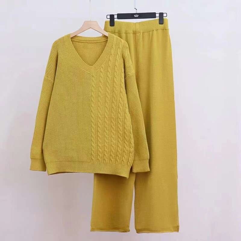OMCHION korea stiilis avara kootud ülikond V kaelusega ühevärviline vabaaja kampsuni komplekt laia säärega püksid sügistalv retro särk