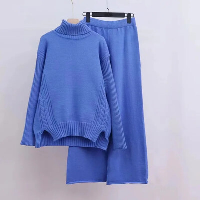 2024. gada rudens/ziema, jauns pārrobežu trikotāžas tērps, sieviešu polo/bruņurupuča kakla džemperis, bikses, biezināts virsdrēbes, brīvi pieguļošs 2-daļīgs komplekts