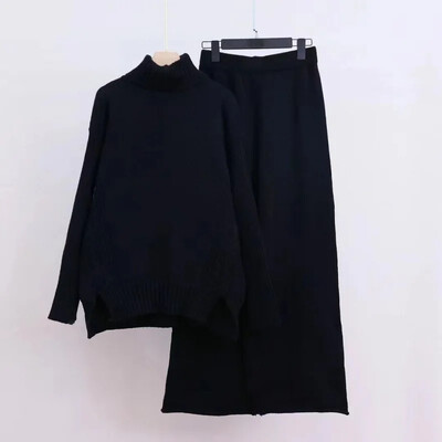 2024. gada rudens/ziema, jauns pārrobežu trikotāžas tērps, sieviešu polo/bruņurupuča kakla džemperis, bikses, biezināts virsdrēbes, brīvi pieguļošs 2-daļīgs komplekts