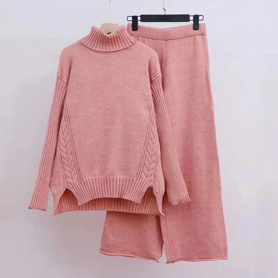 2024. gada rudens/ziema, jauns pārrobežu trikotāžas tērps, sieviešu polo/bruņurupuča kakla džemperis, bikses, biezināts virsdrēbes, brīvi pieguļošs 2-daļīgs komplekts