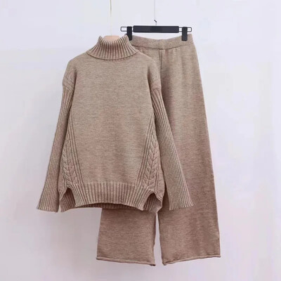 2024. gada rudens/ziema, jauns pārrobežu trikotāžas tērps, sieviešu polo/bruņurupuča kakla džemperis, bikses, biezināts virsdrēbes, brīvi pieguļošs 2-daļīgs komplekts