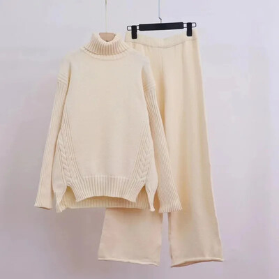 2024. gada rudens/ziema, jauns pārrobežu trikotāžas tērps, sieviešu polo/bruņurupuča kakla džemperis, bikses, biezināts virsdrēbes, brīvi pieguļošs 2-daļīgs komplekts