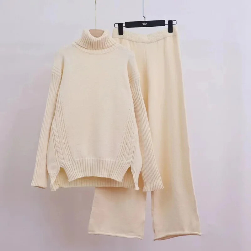 2024. gada rudens/ziema, jauns pārrobežu trikotāžas tērps, sieviešu polo/bruņurupuča kakla džemperis, bikses, biezināts virsdrēbes, brīvi pieguļošs 2-daļīgs komplekts