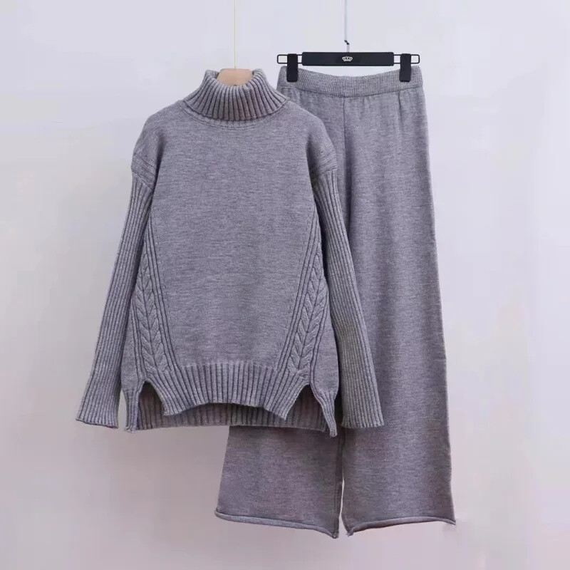 2024. gada rudens/ziema, jauns pārrobežu trikotāžas tērps, sieviešu polo/bruņurupuča kakla džemperis, bikses, biezināts virsdrēbes, brīvi pieguļošs 2-daļīgs komplekts