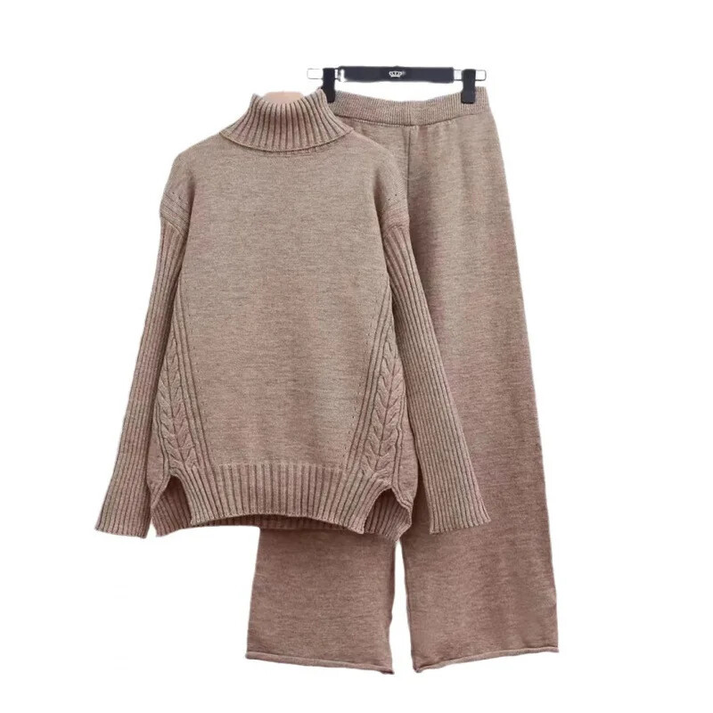 2024. gada rudens/ziema, jauns pārrobežu trikotāžas tērps, sieviešu polo/bruņurupuča kakla džemperis, bikses, biezināts virsdrēbes, brīvi pieguļošs 2-daļīgs komplekts