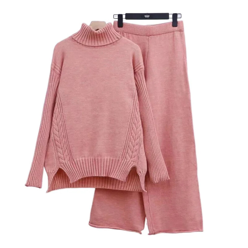 2024. gada rudens/ziema, jauns pārrobežu trikotāžas tērps, sieviešu polo/bruņurupuča kakla džemperis, bikses, biezināts virsdrēbes, brīvi pieguļošs 2-daļīgs komplekts