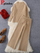 Elegants trikotāžas 2 gabalu komplekti Sieviešu trikotāžas trikotāža ar pusapkakli Puloveri Topi Conjuntos korejiešu sporta bikses ar platu vidukli