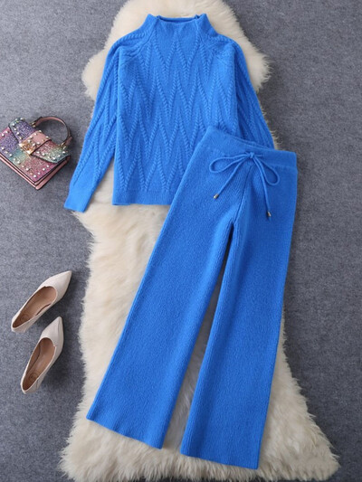 Elegants trikotāžas 2 gabalu komplekti Sieviešu trikotāžas trikotāža ar pusapkakli Puloveri Topi Conjuntos korejiešu sporta bikses ar platu vidukli