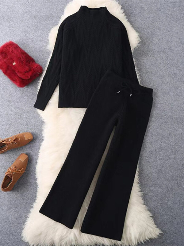 Elegants trikotāžas 2 gabalu komplekti Sieviešu trikotāžas trikotāža ar pusapkakli Puloveri Topi Conjuntos korejiešu sporta bikses ar platu vidukli