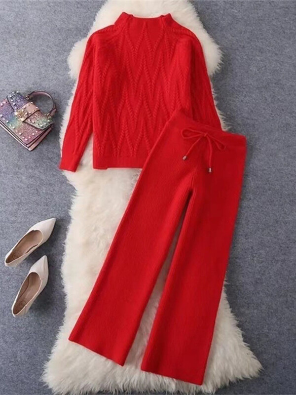 Elegants trikotāžas 2 gabalu komplekti Sieviešu trikotāžas trikotāža ar pusapkakli Puloveri Topi Conjuntos korejiešu sporta bikses ar platu vidukli