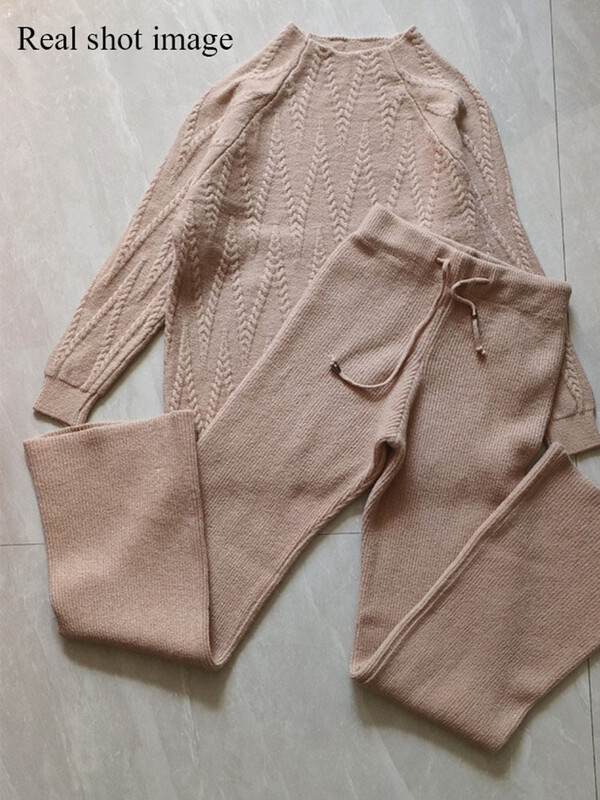 Elegants trikotāžas 2 gabalu komplekti Sieviešu trikotāžas trikotāža ar pusapkakli Puloveri Topi Conjuntos korejiešu sporta bikses ar platu vidukli