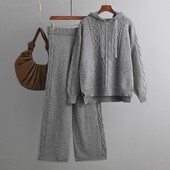 Trikotāžas džemperis, divdaļīgs sieviešu uzvalks, džemperis ar aukliņu kapuci + bikses ar platām kājām, divdaļīgu ceptu mīklu apdrukāti komplekti
