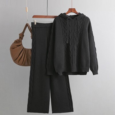 Trikotāžas džemperis, divdaļīgs sieviešu uzvalks, džemperis ar aukliņu kapuci + bikses ar platām kājām, divdaļīgu ceptu mīklu apdrukāti komplekti