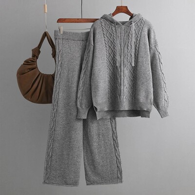 Trikotāžas džemperis, divdaļīgs sieviešu uzvalks, džemperis ar aukliņu kapuci + bikses ar platām kājām, divdaļīgu ceptu mīklu apdrukāti komplekti