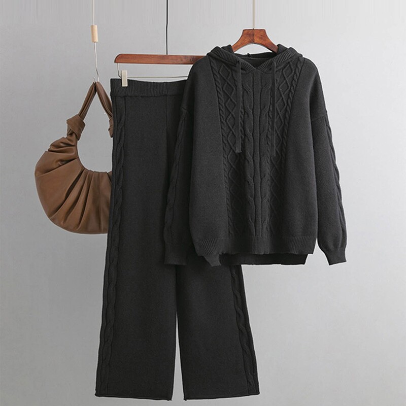 Trikotāžas džemperis, divdaļīgs sieviešu uzvalks, džemperis ar aukliņu kapuci + bikses ar platām kājām, divdaļīgu ceptu mīklu apdrukāti komplekti