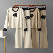 2024. gada rudens, jauns, adīts, brīvs sieviešu bikškostīms ar izgriezumu, sieviešu pulovers, moderns bikšu komplekts ar augstu vidukli