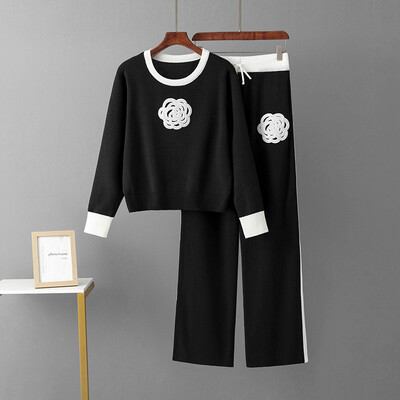 2024. gada rudens, jauns, adīts, brīvs sieviešu bikškostīms ar izgriezumu, sieviešu pulovers, moderns bikšu komplekts ar augstu vidukli