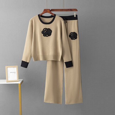 2024. gada rudens, jauns, adīts, brīvs sieviešu bikškostīms ar izgriezumu, sieviešu pulovers, moderns bikšu komplekts ar augstu vidukli