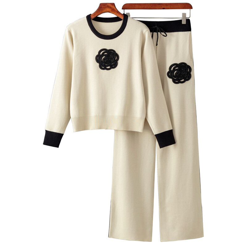 2024. gada rudens, jauns, adīts, brīvs sieviešu bikškostīms ar izgriezumu, sieviešu pulovers, moderns bikšu komplekts ar augstu vidukli