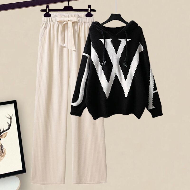 Rudens tērpu komplekts 2024. gada jaunais korejiešu versijas džemperis ar pārklājumu, vidukļa sasprindzinājums, tievēšanas platas bikses, divdaļīgs komplekts