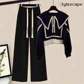 2024. gada rudens apģērbu komplekts, jauns, stilīgs korejiešu variants, džemperis ar atloku, slaidinošs, daudzpusīgs, brīvs ikdienas bikses, divdaļīgs komplekts