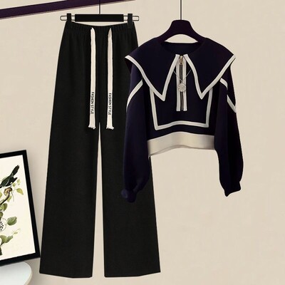 2024. gada rudens apģērbu komplekts, jauns, stilīgs korejiešu variants, džemperis ar atloku, slaidinošs, daudzpusīgs, brīvs ikdienas bikses, divdaļīgs komplekts