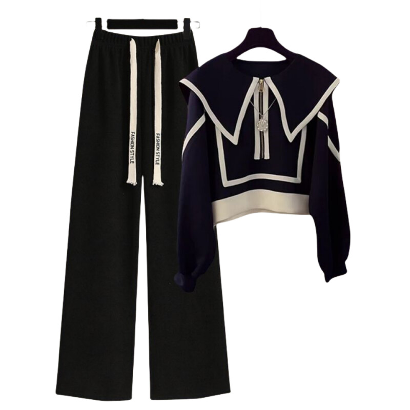 2024. gada rudens apģērbu komplekts, jauns, stilīgs korejiešu variants, džemperis ar atloku, slaidinošs, daudzpusīgs, brīvs ikdienas bikses, divdaļīgs komplekts