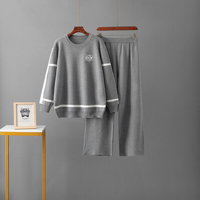 Moodne villane komplekt naistele 2024, uus kontrastset värvi kootud topp, laia säärega püksid, kaheosaline silmkoeline villane riiete komplekt