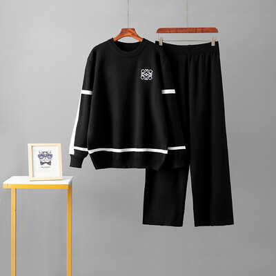 Moodne villane komplekt naistele 2024, uus kontrastset värvi kootud topp, laia säärega püksid, kaheosaline silmkoeline villane riiete komplekt